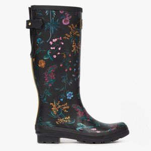 Joules Welly Print Ladies Rubber Tall Wellington Boots Black Botanical Sz 10
